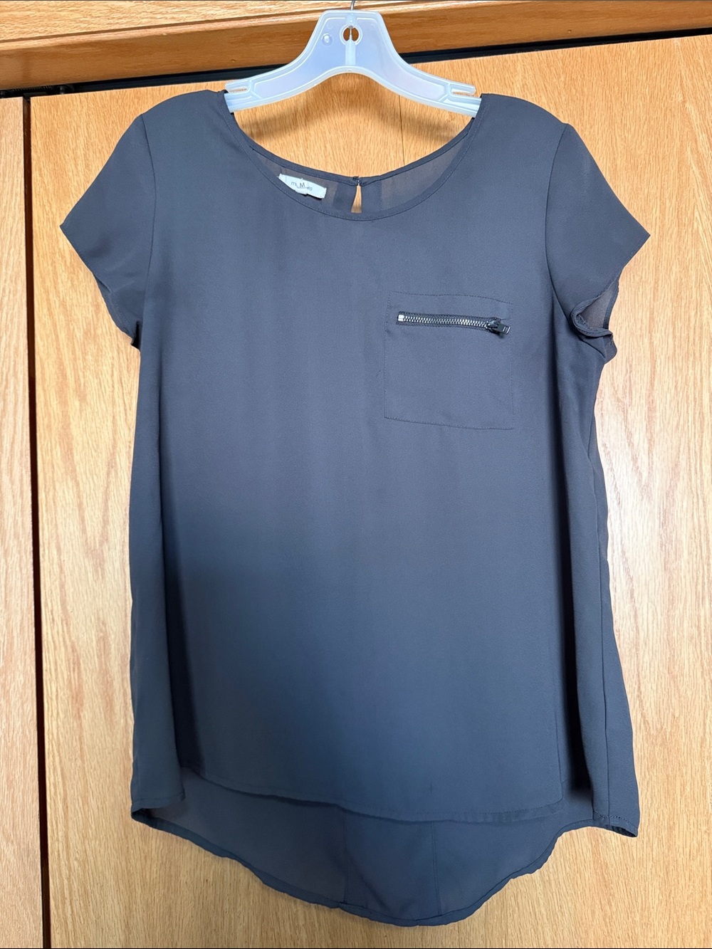 Maurices Charcoal Gray Short Sleeve Blouse with Zip Pocket